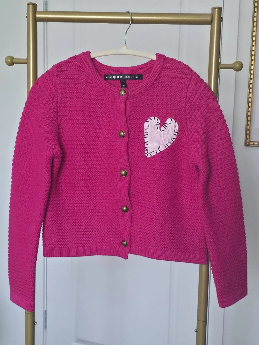 AQUA x Kerri Rosenthal Heart Patch Cardigan - Exclusive, XS, Pink, Cropped Knit